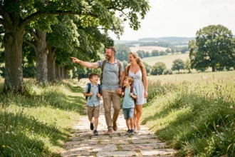 Une famille joyeuse se promenant dans un parc verdoyant des Pays de la Loire lors d'une journée ensoleillée