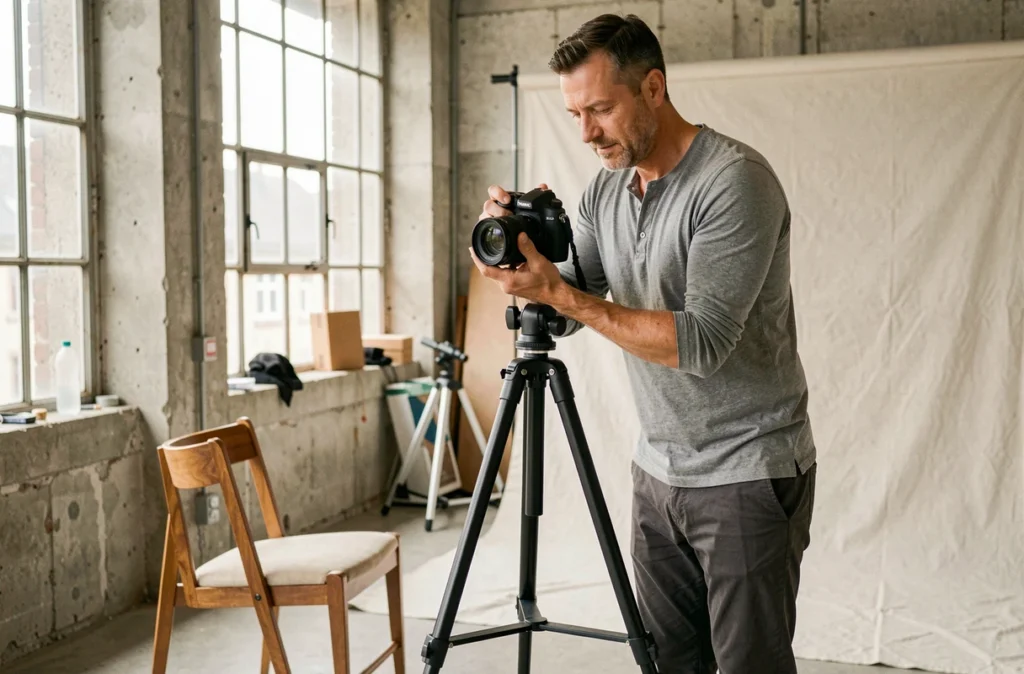 Photographe installant son matériel dans un studio à Cherbourg, prêt à accueillir un client rapidement