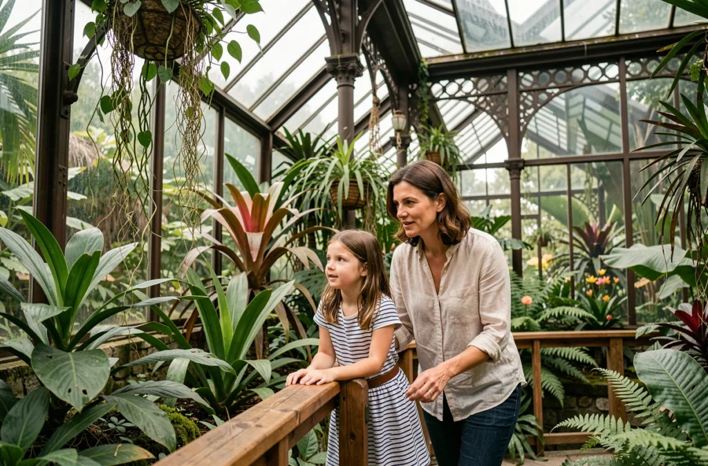Une mère et sa fille explorant les serres tropicales de Terra Botanica à Angers