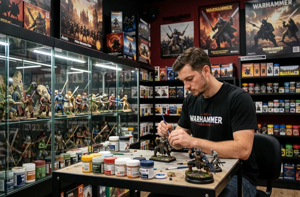 Boutique Warhammer à Lyon, un passionné peint minutieusement une figurine à un poste de peinture dédié, entouré de vitrines de dioramas et de rayons de sets de figurines