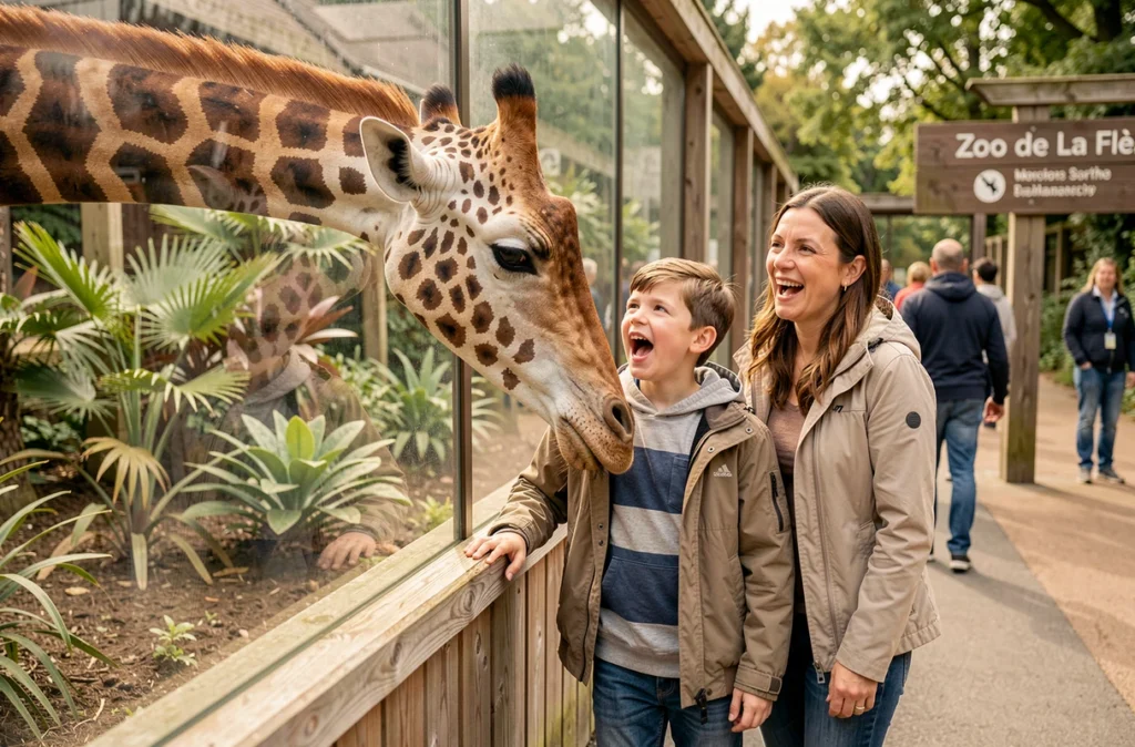 Une mère et son fils observant une girafe de près au Zoo de La Flèche en Sarthe