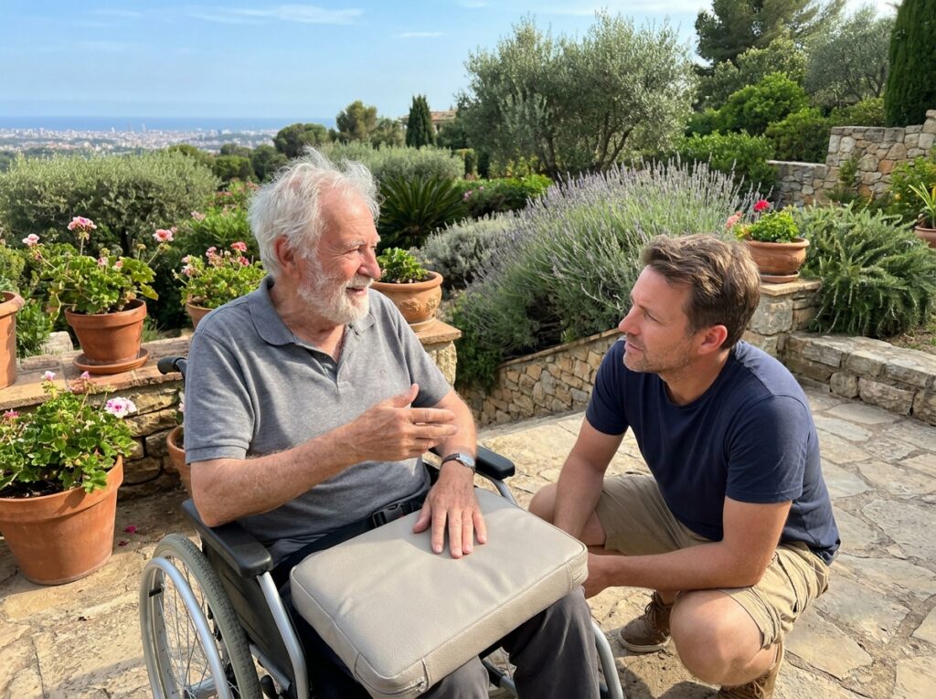 Un homme âgé en fauteuil roulant discute avec un proche sur la terrasse ensoleillée d'un EHPAD à Marseille