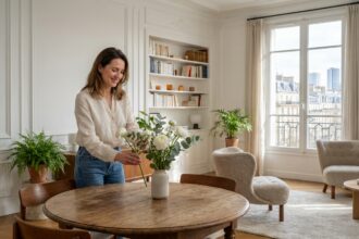 Femme souriante arrangeant des fleurs dans un salon bien entretenu d'un appartement à Courbevoie, illustrant un logement agréable à vivre toute l'année