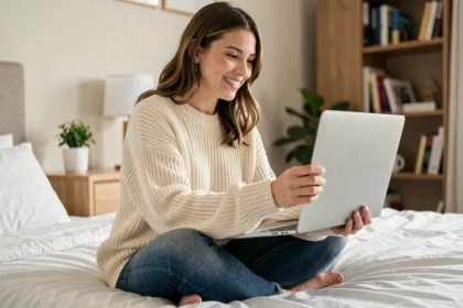 Jeune femme souriante lors d'un appel vidéo avec son partenaire à distance, illustrant les marques d'affection publiques en ligne dans une relation longue distance