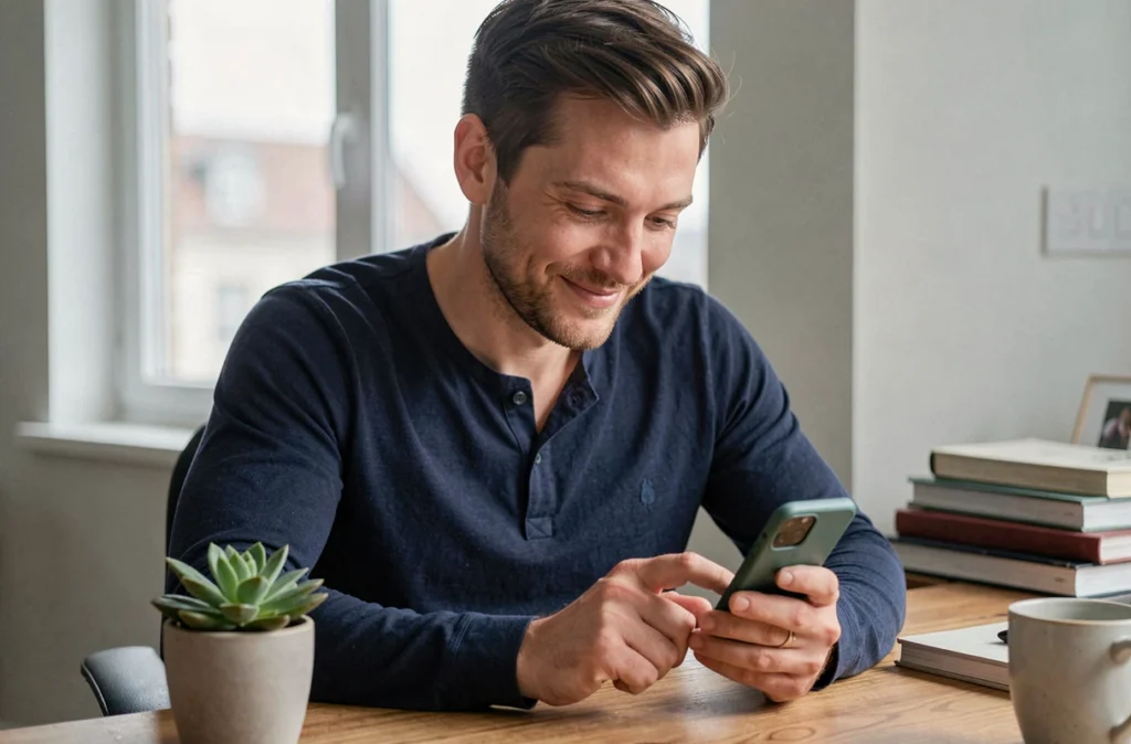 Homme envoyant un message affectueux à son partenaire à distance sur son smartphone, représentant les nouvelles formes de PDA dans les relations en ligne