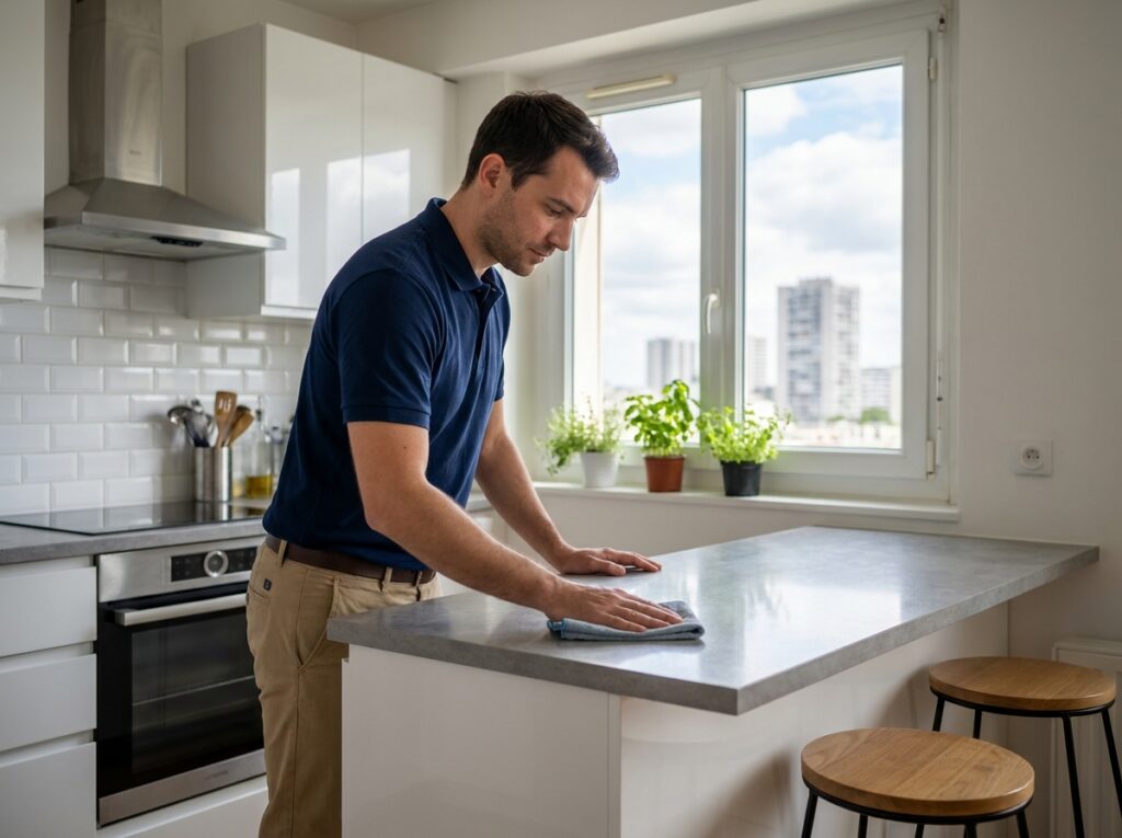 Employé de service à domicile nettoyant une cuisine moderne dans un appartement de Courbevoie, représentant les prestations de Centre Services pour un intérieur propre et agréable